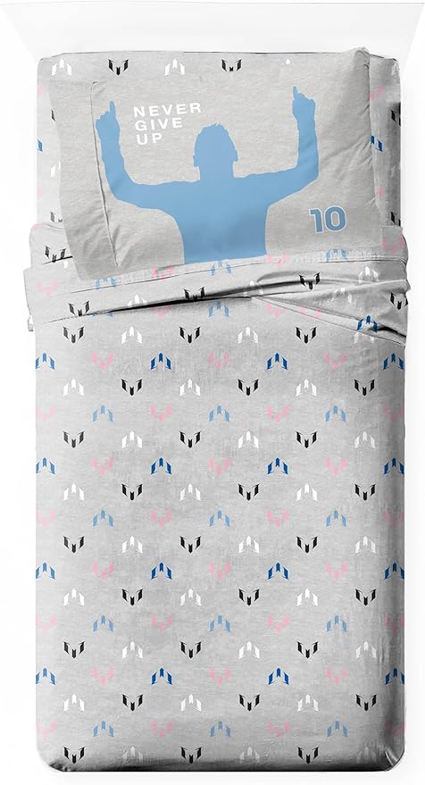 Jay Franco Kids Sheet Set with Fitted, Flat Sheets & Pillow Cover - Ultra-Soft Bedding with Pillowcase for Room Decor, Grey - Messi, 3 Piece Twin