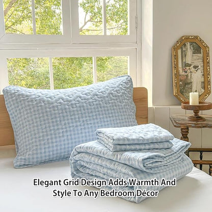 NSNLGSGC Light Blue Gingham Queen Quilt Set, Soft Pre-Washed Microfiber Blue Plaid Queen Bedspread, Lightweight Checked Summer Quilt, Grid Bedding Coverlets for All Seasons