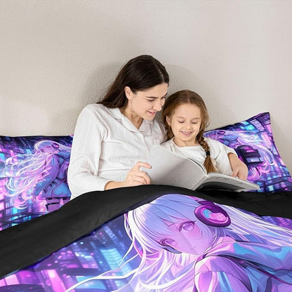 Erosebridal Japanese Girl Bedding Set Girly Anime Full Down Comforter for Kids,Sci Fi Style Gaming Comforter Set Room Decor 3 Pcs,3D Cartoon Anime Girl Duvet Insert 2 Pillow Cases