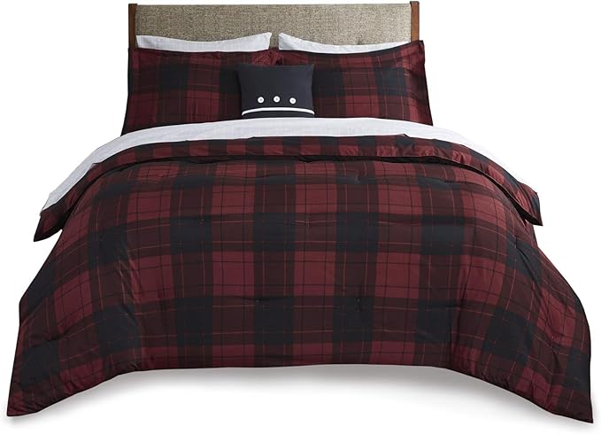 Madison Park Essentials Cozy Bed in A Bag - Reversible Comforter with Complete Sheet Set, Casual Plaid Cabin Design, All Season Cover, Decorative Pillow, Everest Plaid Red Twin(68"x86") 6 Piece