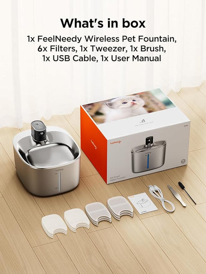 Cordless Cat Water Fountain, Battery Operated, 4L/135fl oz Stainless Steel Pet Water Fountain for Cats Dogs with Motion Sensor, Ultra Quiet Cat Drinking Fountain with 6 Filters (YPD-C004S)