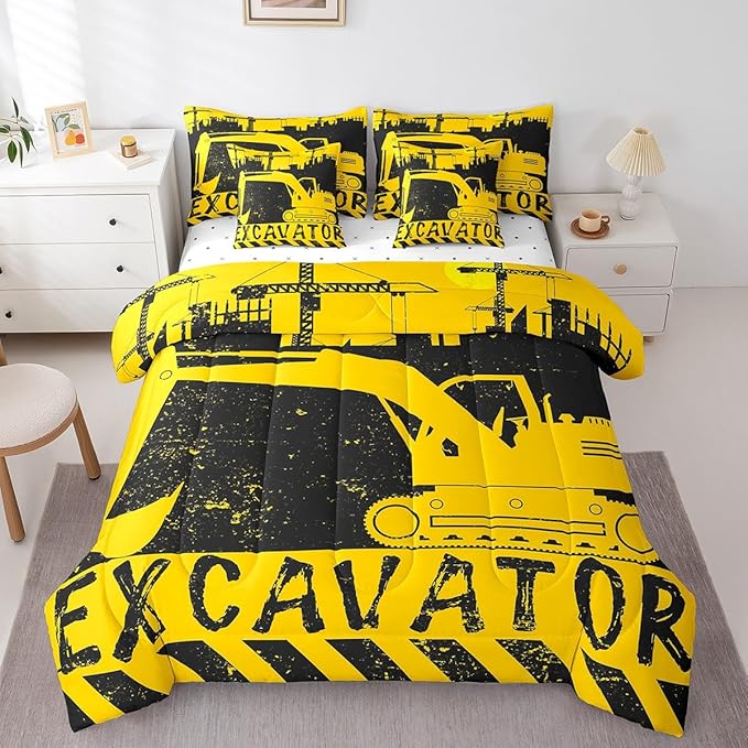 Erosebridal Excavator Bed in a Bag Queen Comforter Set 7 Piece,Construction Vehicle Bedding Sets Big Wheel Car Sheet Set with Comforter