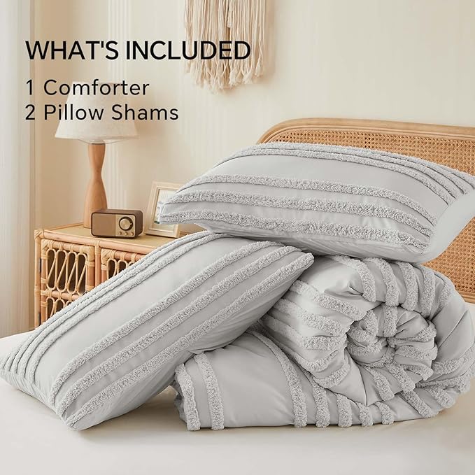 BEDELITE Boho Twin/Twin XL Comforter Set，Light Grey Tufted Striped Bed Set 2 Pieces, Soft Vintage Farmhouse Comforter for College, Boho Home Dorm Decor, Fluffy Jacquard Bedding with 1 Pillow Sham