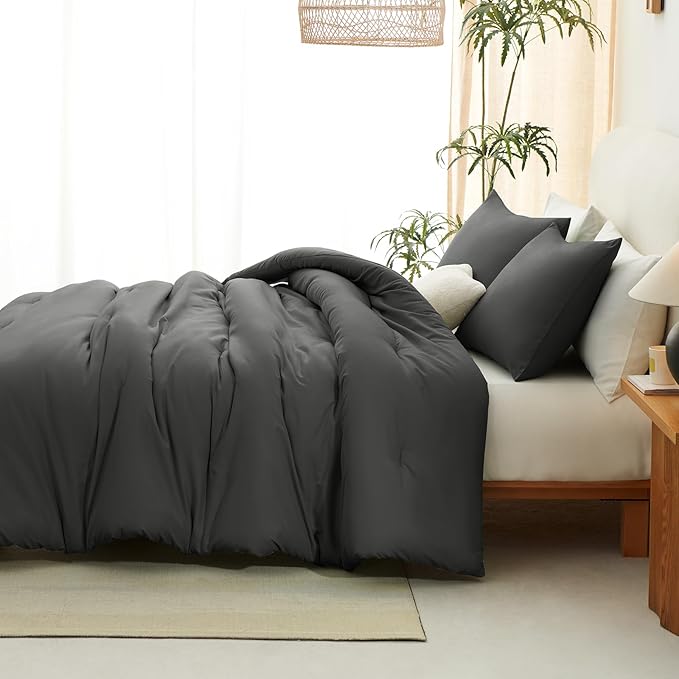 CozyLux Twin/Twin XL Comforter Set Dark Grey, 2 Pieces Twin Extra Long Solid Breathable Bedding Set for College Dorm, Dark Gray Luxury Soft Bed Set with Down Alternative Comforter and 1 Pillowcase