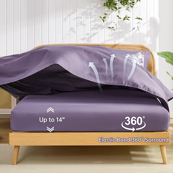 Luxudecor Floral Comforter Set King Size 7 Pieces, Purple Flower with Bird Bed in a Bag, Soft Reversible Comforter with Sheet Bed Set 104"x90"