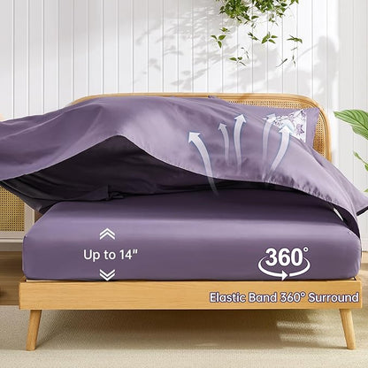 Luxudecor Floral Comforter Set King Size 7 Pieces, Purple Flower with Bird Bed in a Bag, Soft Reversible Comforter with Sheet Bed Set 104"x90"