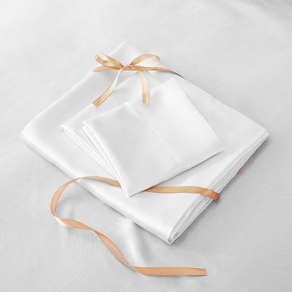 BEDELITE Satin Sheets Full Size Bed Set, Luxury Soft White Silky Sheet for Hair and Skin, Similar to Silk Bed Sheets Set 4 Pieces with 1 Deep Pocket Fitted Sheet, 1 Flat Sheet, and 2 Pillowcases