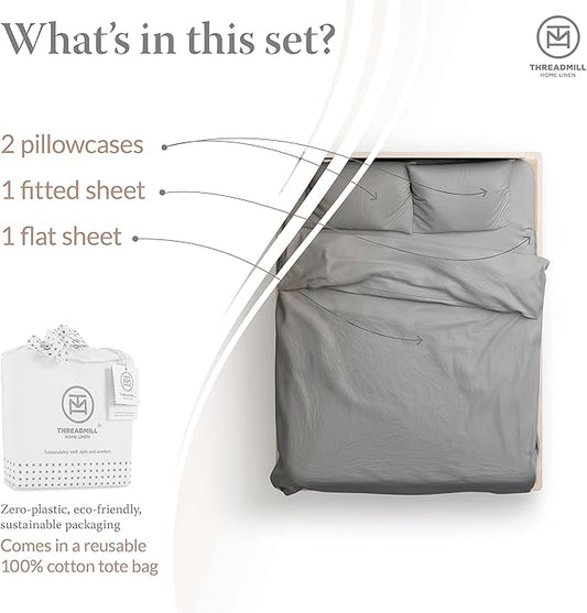 Threadmill 100% Cotton Sheets for King Size Bed | 4 Pc King Bed Sheets Set | Soft, Breathable Lightweight Solid Sateen for All-Season Use | Snug Fit Elastic Deep Pocket King Sheets | Dark Grey