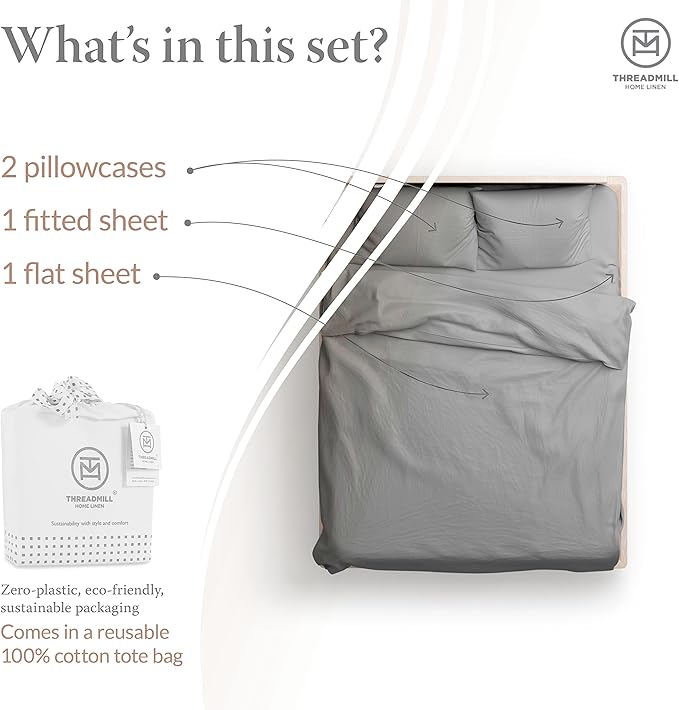 Threadmill Cotton Full Size Sheet Set| 100% Cotton Sheets for Full Size Bed | Solid Sateen Full Bed Sheets Set with 16” Elasticized Deep Pocket | Soft Breathable 4-Piece Cooling Sheet Set | Dark Grey