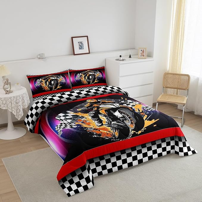Feelyou Dirt Bike Comforter Set Full Size Flag Comforter for Boys Girls Teens Racing Motocross Rider Bedding Set Extreme Sports Duvet Set Room Decor Black Purple Quilt Set