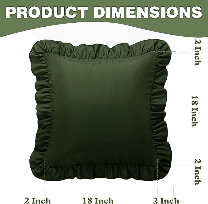 KKJIAF Ruffle Pillow Cases 18x18 Inches, Olive Green Square Ruffled Pillow Covers Set of 2, Microfiber Wrinkle Resistant Pillow Shams with Envelope Closure for Sofa Bed Living Room