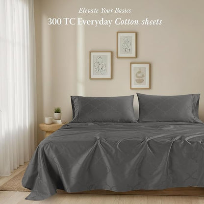 Threadmill Cotton Twin XL Sheet Set | 100% Cotton Sheets for Twin XL Size Bed | Damask Jacquard Sateen Twin XL Bed Sheets Set with 16” Deep Pocket | Soft Breathable 3-Piece Cooling Sheets | Dark Grey