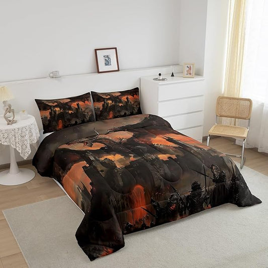 3D Dragon Comforter Set Queen Size,Vintage Old Castle Bedding Set for Kids Boys Girls Room Decor,Fire Dragon Wildlife Theme Duvet Insert 3Pcs,Grey Red Retro Microfiber Soft Quilt Set,2 Pillowcases