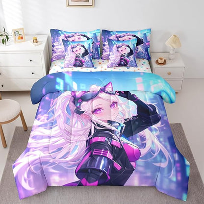 7 Piece Girls Japanese Anime Bedding Set King, Kawaii Anime Girl Comforter Sets Cartoon Girl Bed In A Bag For Kids Teens Adult Women, Japanese Animation Sci Fi Style Sheet Sets With Comforter