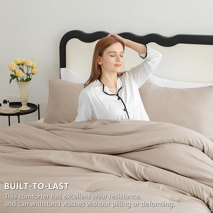 CozyLux Queen Comforter Set Wheat, 3 Pieces Solid Comforters Queen Size Breathable Quilted Bedding Sets, Luxury Soft Lightweight Bed Set with Down Alternative Comforter and 2 Pillowcases All Seasons