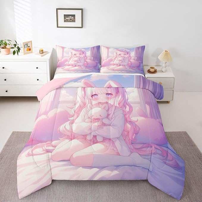 Erosebridal Romance Girly Comforter Set for Kids Boys Girls Anime Girl Bedding Japanese Girl Duvet Set Cute Cartoon Bear Comforter King with 2 Pillowcases