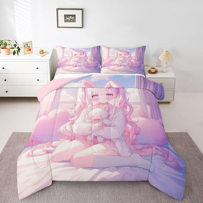 Erosebridal Romance Girly Comforter Set for Kids Boys Girls Anime Girl Bedding Japanese Girl Duvet Set Cute Cartoon Bear Comforter King with 2 Pillowcases