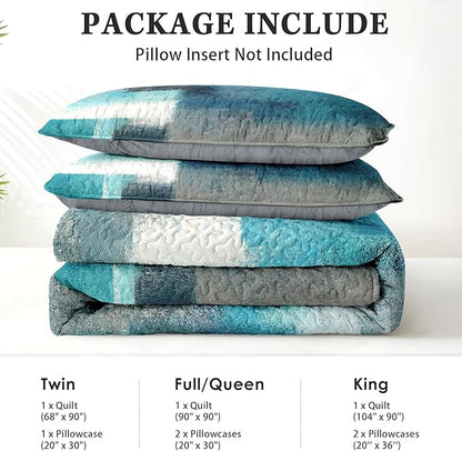 Quilt Set Twin Size, Turquoise Grey Painting 2 Pcs Soft Bed Cover Bedding Set for Kids and Adults, Teal Contemporary Gray Lightweight Bedspread Coverlet with Pillow Sham for All Season