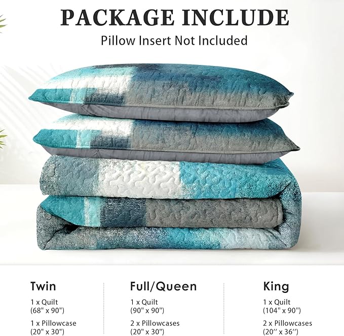 Quilt Set Full/Queen Size, Turquoise Grey Painting 3 Pcs Soft Bed Cover Bedding Set for Kids and Adults, Teal Contemporary Gray Lightweight Bedspread Coverlet with Pillow Sham for All Season