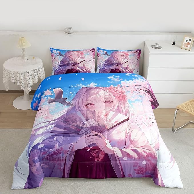 Erosebridal Japanese Style Girl Comforter Set, Cartoon Anime Girl Bedding Japanese Cherry Blossoms Bed Comforter Set, Romance Room Decor, Cartoon Kawaii Girly Bedding Sets Queen Size 3 Pieces
