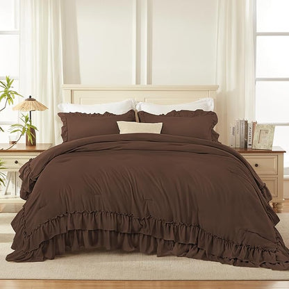 Andency Brown King Comforter Set (104x90Inch), 3 Pieces Ruffle Comforter Set with 2 Pillowcases, Farmhouse Shabby Chic Lightweight Fluffy Soft All Season Bed Set
