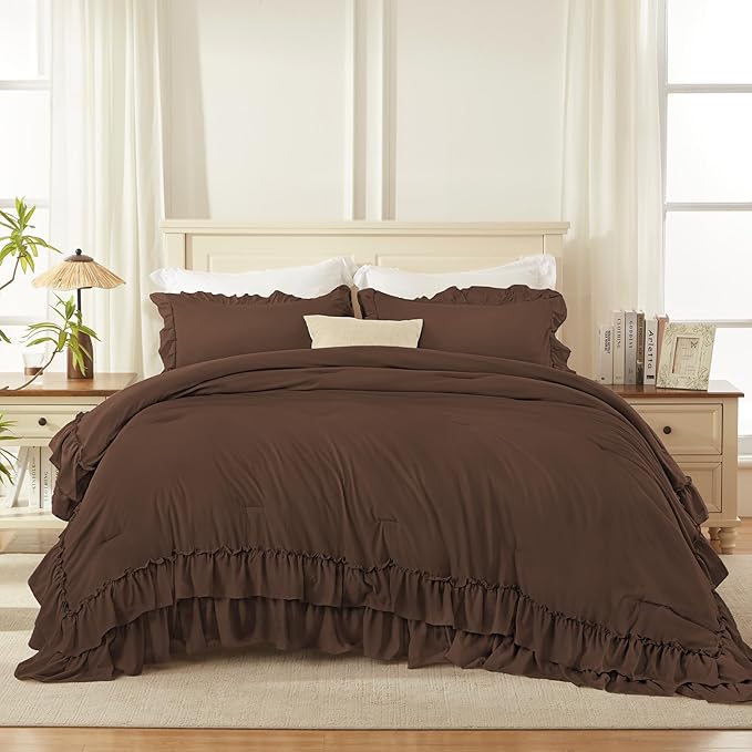 Andency Brown Queen Comforter Set (90x90Inch), 3 Pieces Lightweight Fluffy Ruffle Bedding Comforter Sets for Queen Bed, Farmhouse Shabby Chic Soft All Season Bed Set