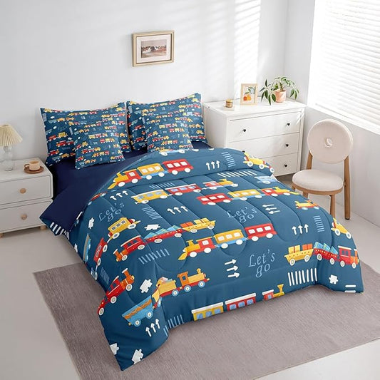 7 Pieces Cartoon Train Boys Full Comforter Set Hand Drawn Style Graffiti Decor Hippie Bedding Sets Red Yellow Cute Trains All Season Comforter,Flat Sheet,Fitted Sheet,2 Pillowcases,2 Pillow Covers