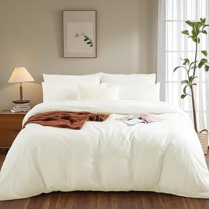 NEXHOME PRO Queen Duvet Cover Set, 100% Washed Cotton with Linen-Like Texture, Natural Organic, Breathable & Comfortable, Includes Home Bedding Set Milk White (No Comforter) 9090
