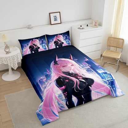 Erosebridal Japanese Anime Comforter Set Toddler Size, Anime Girl Bedding Set Kawaii Japanese Style Quilt Cartoon Japan Animation Duvet Insert for Boys Teens Adult Women Bedroom Decor
