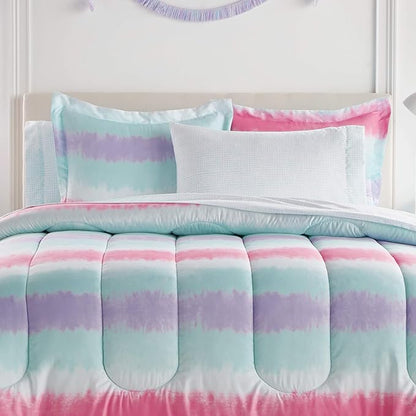 dream FACTORY Tie Dye Stripe 5-Piece Microfiber Bag Comforter Bedding Set Super Soft-Twin, Purple Multi,2D871601MU