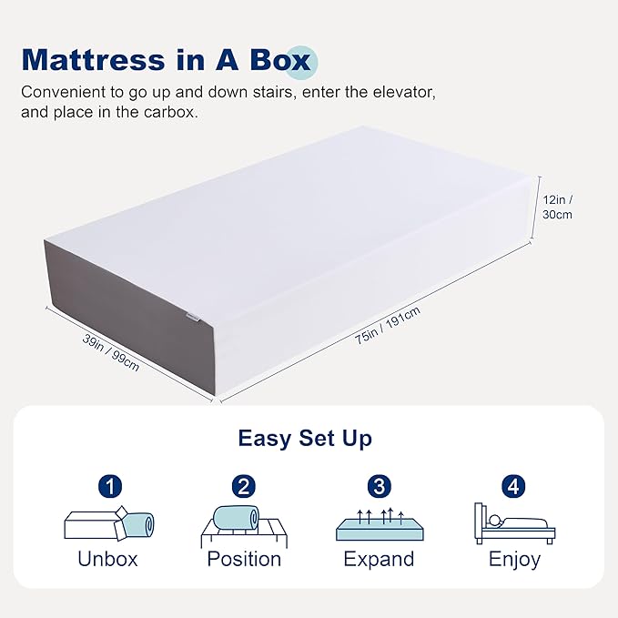 Amazon Basics Memory Foam Mattress, Soft Plush Feel, Breathable, 12", Twin, White/Grey