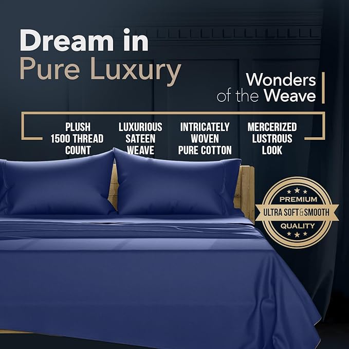 Texas Linen Co. 100% Egyptian Cotton King Size Sheets Set - Luxury 1500 Thread Count Egyptian Cotton Sheets King Size, 17" Deep Pocket, Soft, Cooling Sateen Weave Hotel Quality Bedding Set - Navy Blue
