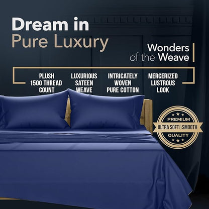 Texas Linen Co. 100% Egyptian Cotton King Size Sheets Set - Luxury 1500 Thread Count Egyptian Cotton Sheets King Size, 17" Deep Pocket, Soft, Cooling Sateen Weave Hotel Quality Bedding Set - Navy Blue