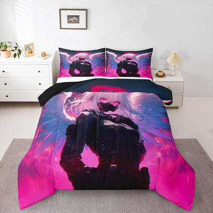 Erosebridal Queen Japanese Anime Comforter Set Anime Girl Bedding Set for Kids Girls Teens Men Bedroom, Cartoon Girl Quilt Kawaii Japanese Animation Duvet Insert 3 Piece with 2 Pillow Cases