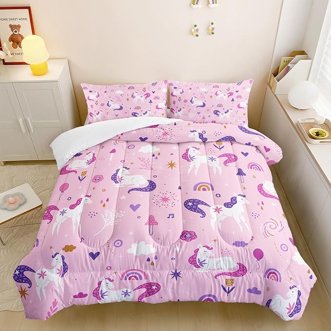 Unicorn 3 Piece Girl Bedding Set Pink 3 Pieces Bedding Set for Girls Kids,Unicorn Comforter Set Girls Room Decor,Rainbow Clouds Star Quilt Set (1 Comforter with 2 Pillowcase),All Seasons
