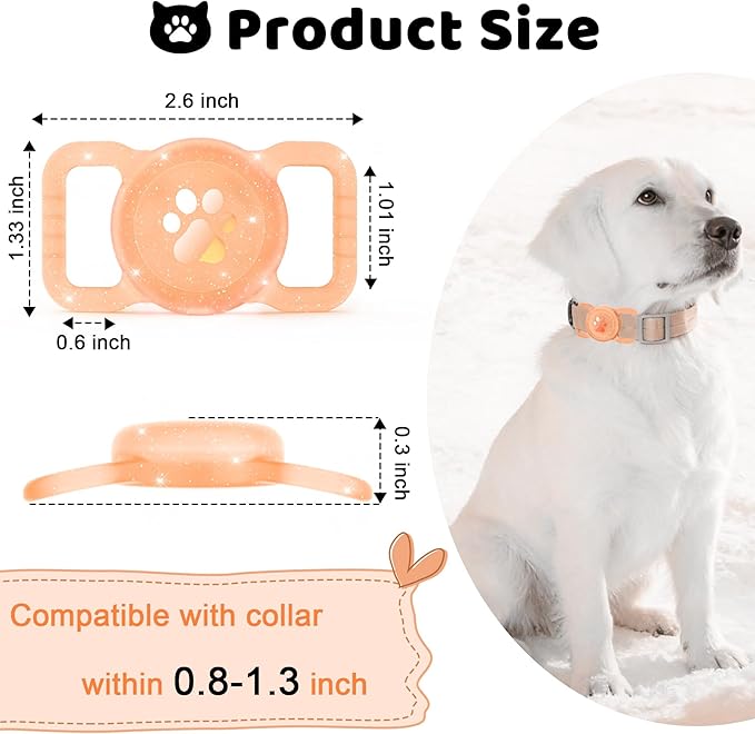 SANKALA Luminous Waterproof Airtag Dog Collar Holder, Orange Glitter | 1 Pack, Silicone Full Body Covered, Anti-Lost Protective, Fits All Width Collars, for Apple Airtag 1st and 2nd Gen