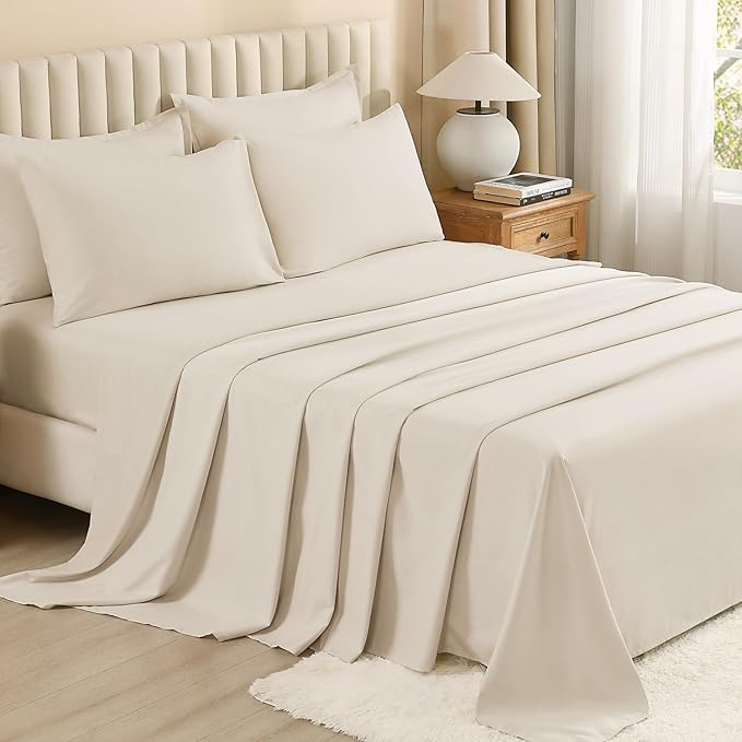 Litanika Super King Plus Comforter Sets Beige - 7 Pieces Bed in a Bag Oversized King Bedding Comforter Sets, Solid Lightweight Bed Set with Comforter, Sheets, Pillowcases & Shams