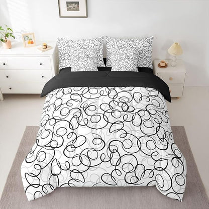Erosebridal Geometric 7 Piece Comforter Set Twin Bed in A Bag Black Gray White Abstract Swirls Bedding Set for Boys Girls Modern Abstract Texture Bedroom Decor Contemporary Lines Aesthetic Sheet Set