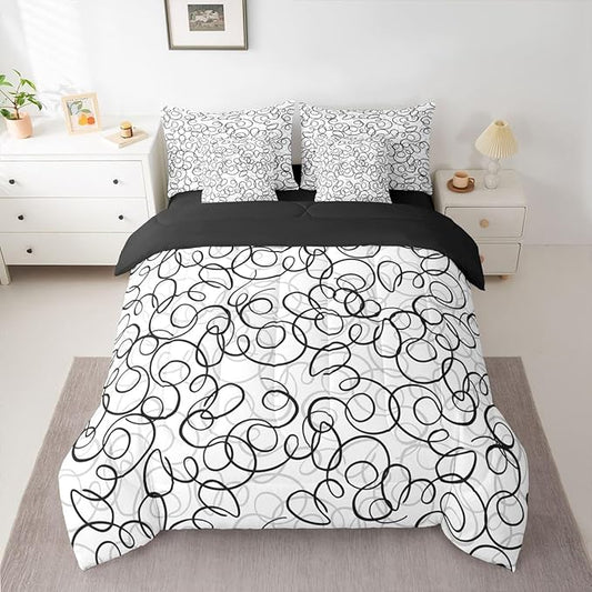 Erosebridal Geometric 7 Piece Comforter Set Twin Bed in A Bag Black Gray White Abstract Swirls Bedding Set for Boys Girls Modern Abstract Texture Bedroom Decor Contemporary Lines Aesthetic Sheet Set