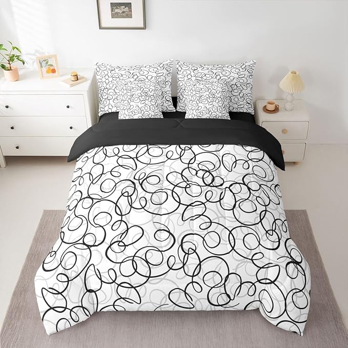 Erosebridal Geometric 7 Piece Comforter Set Queen Bed in A Bag Black Gray White Abstract Swirls Bedding Set for Boys Girls Modern Abstract Texture Bedroom Decor Contemporary Lines Aesthetic Sheet Set
