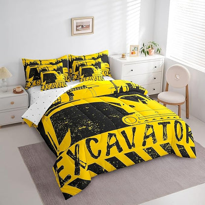 Erosebridal Excavator Bed in a Bag King Size Comforter Set 7 Pieces,Construction Vehicle Bedding Sets Big Wheel Car Sheet Set with Comforter