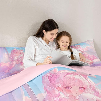 Erosebridal 3D Japanese Girl Bedding Sets Twin - Romance Style Comforter Set for Kids Adults Japanese Anime Girly Duvet Insert Anime Gifts Quilt