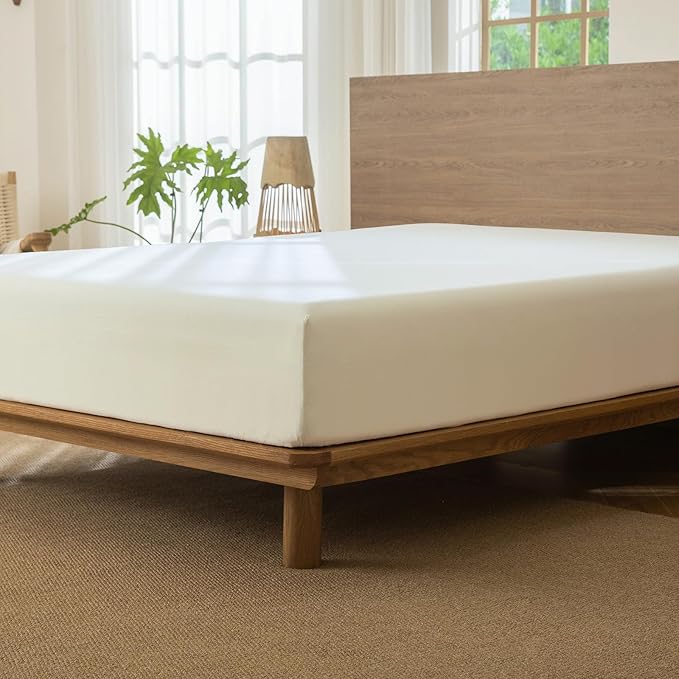 MooMee Fitted Bottom Sheet Only 100% Washed Cotton Linen Like Textured Breathable Durable Soft Comfy Deep Pocket Fits Mattress up to 17" (Cream White, Twin)