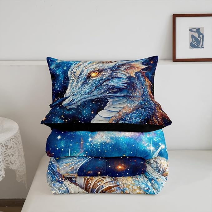Feelyou Dragon Comforter Set Toddler Size Dragon Stuff Comforter for Boys Girls Teens Wild Life Bedding Set Dragon Decor Duvet Set Room Decor Blue Quilt Set