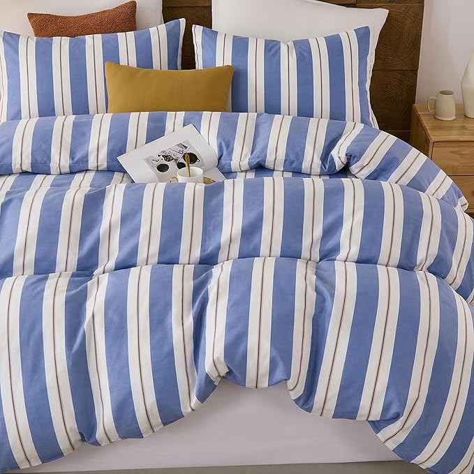 Merryword Blue and White Striped Duvet Cover Set Queen Size 100% Cotton Bedding Set with Modern Coastal Style Soft Breathable Linen Like Bedding Set 3 Pieces
