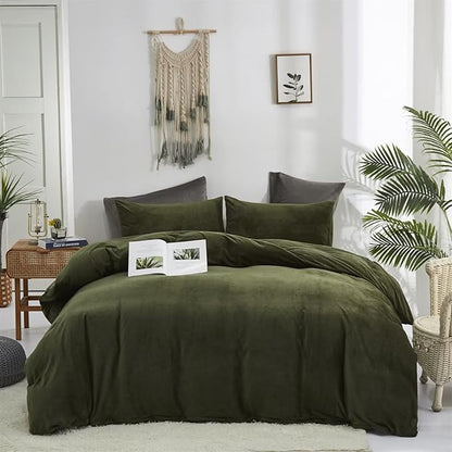 Houseri Olive Green Velvet Comforter Set Queen Fluffy Army Bedding Sets Size Dark Sherpa Puffy Military Bed Flannel Warm Color Blanket Queen(90''*90''-Comforter)