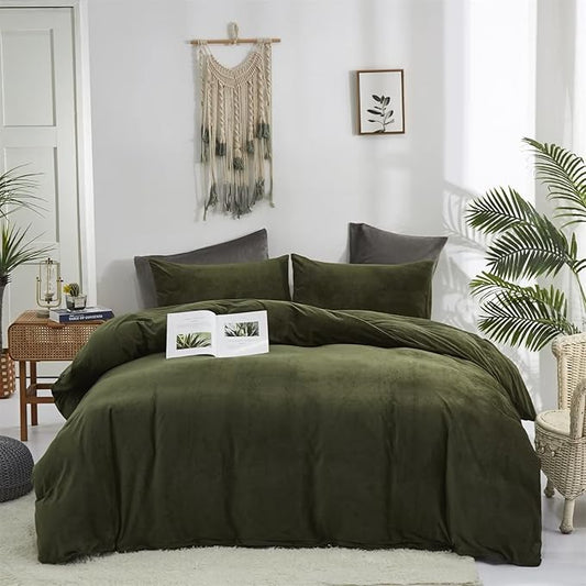 Houseri Olive Green Velvet Comforter Set Queen Fluffy Army Bedding Sets Size Dark Sherpa Puffy Military Bed Flannel Warm Color Blanket Queen(90''*90''-Comforter)