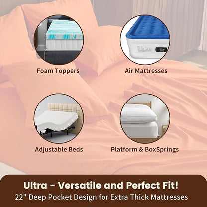 100% Linen Sheet Set King Size Extra Deep Pocket Fits 18-24 Inch Mattress, Breathable & Soft, Smooth 4-Piece Set for Thick Mattresses Hotel Luxury Bedding（King, Orange）