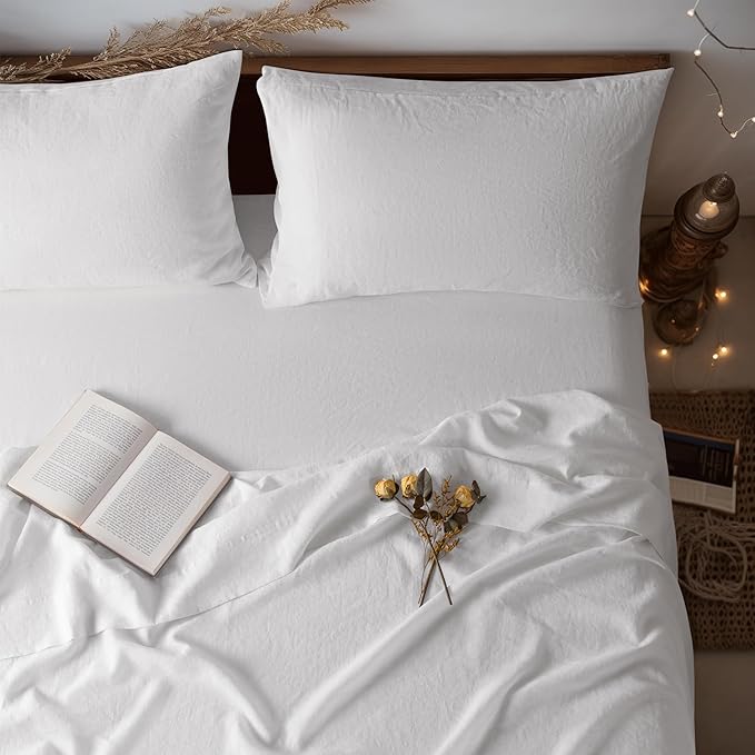 LBRO2M 100% Pure Linen Sheet Set Deep Pocket Up to 16" Bed Sheets Sets, Natural Flax Beddings Soft, Breathable, Comfortable for All Seasons 4 Pcs Sheet Set Full Size, White