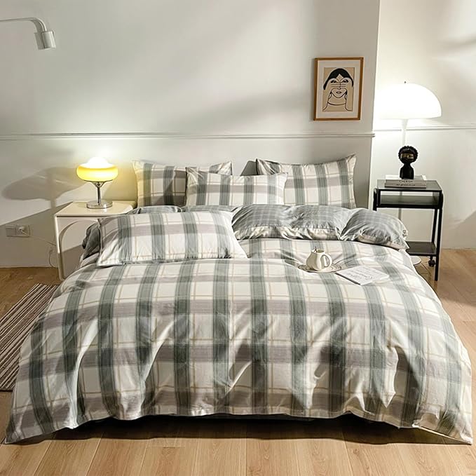 EAVD Green Gingham Comforter Set King 3 Pieces Grid Plaid Comforter Set Modern Simple Grid Checkered Bedding Set with 2 Pillowcases Reversible Gingham Bedding Set for Boys Women Men